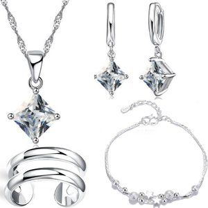🌟 925 Sterling Silver Luxury Earrings Necklace Bracelet And Ring Adjustable